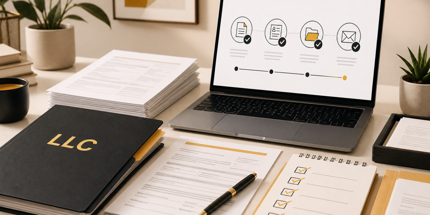 LLC formation documents, checklist, and online filing workflow on a business desk