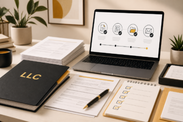 LLC formation documents, checklist, and online filing workflow on a business desk